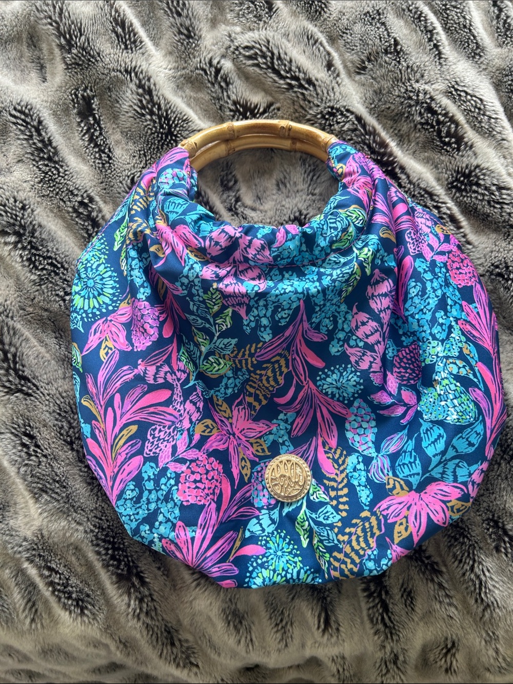 Floral Bamboo-Handle Tote Bag in Navy, Pink & Teal